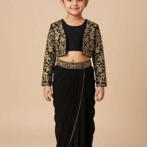 girls black embroidered crepe fusion set