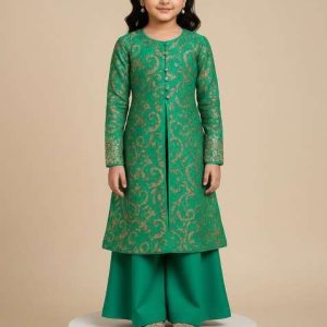 girls green embroidered crepe kurta set