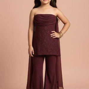girls wine brocade sharara set