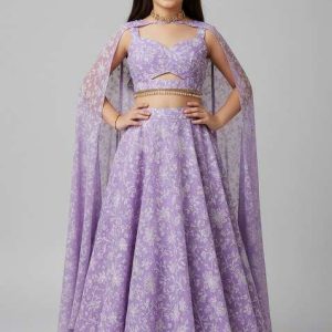 girls purple embroidered georgette lehenga set