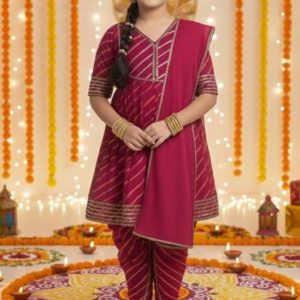 magenta printed cotton kurta set for girls