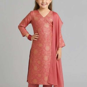 girls peach brocade kurta set