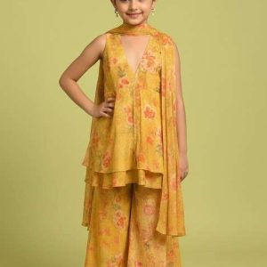girls yellow floral print chiffon kurta set