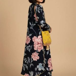 girls black floral print crepe kurta set