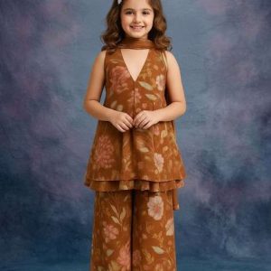girls brown floral print chiffon kurta set