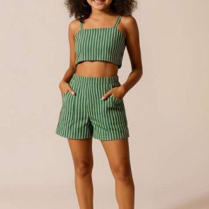 girls green striped poplin co ord set