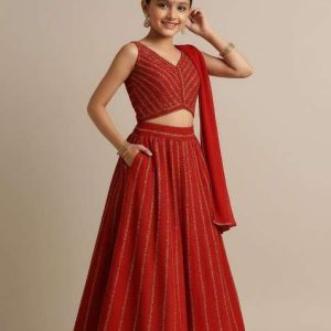 girls red embroidered silk lehenga set