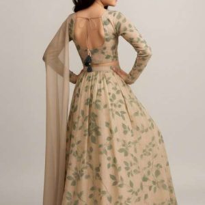 girls olive green leaf print georgette lehenga set