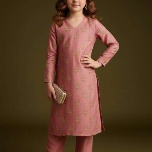 girls peach embroidered tissue kurta set