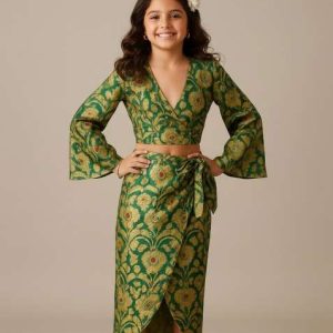 girls green brocade skirt set