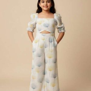 girls white figure print georgette co ord set