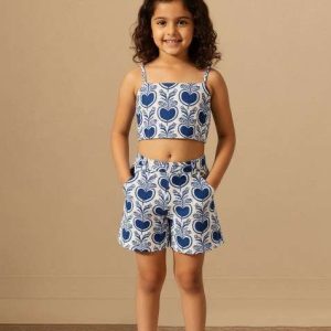 girls blue and white floral print poplin co ord set
