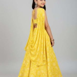 girls yellow embroidered georgette lehenga set