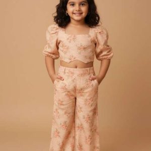 girls peach floral print georgette co ord set
