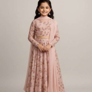 girls pink leaf print georgette lehenga set