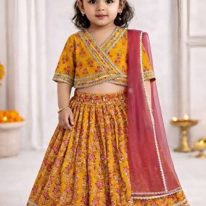 yellow printed cotton ethnic set for girls