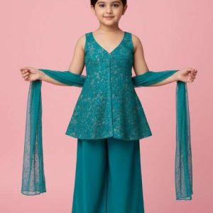 girls sea blue sequin net kurta set