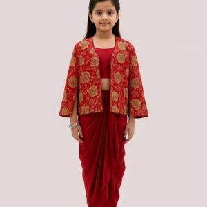 girls red embroidered georgette lehenga set