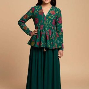 girls dark green embroidered chanderi kurta set