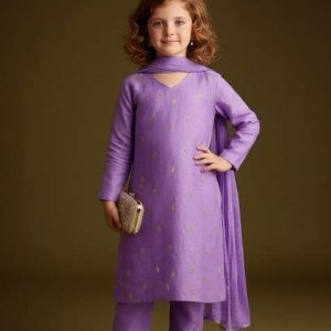 girls lavender embroidered tissue kurta set