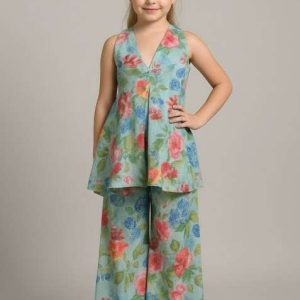 girls light blue floral print chiffon kurta set