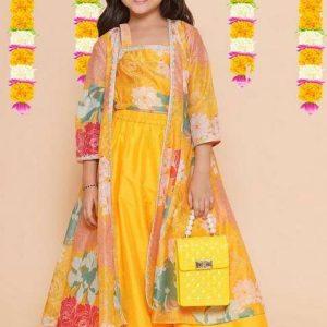 yellow printed lehenga with blouse and dupatta (set of 3)