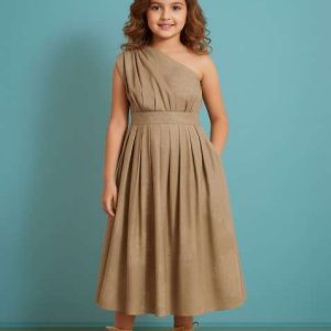girls caramel brown textured georgette dress
