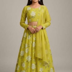 girls yellow floral print georgette lehenga set