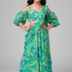girls multicolor floral print satin lehenga set