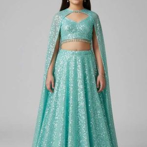 girls powder blue embroidered georgette lehenga set