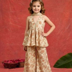 girls beige floral print chiffon kurta set