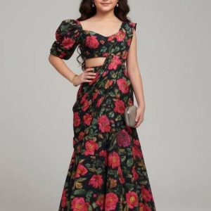 girls black floral print satin lehenga set