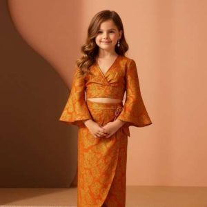 girls peach brocade skirt set