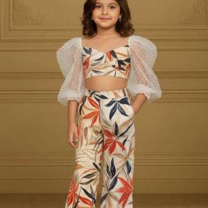 girls white floral print cotton linen co ord set