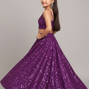 girls plum embroidered georgette lehenga set