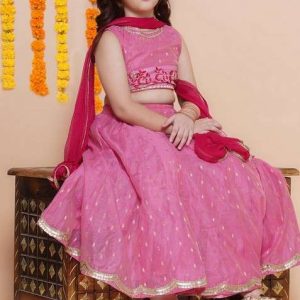 pink embroidered lehenga with blouse and dupatta (set of 3)