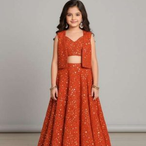 girls orange embroidered georgette lehenga set