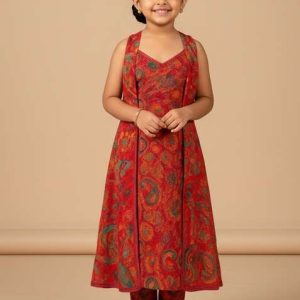 girls deep red figure print chiffon kurta set