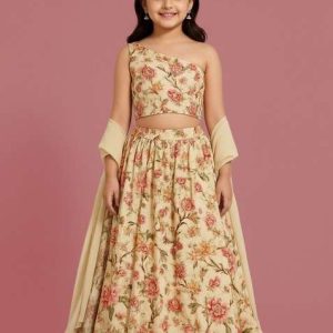 girls beige floral print lehenga set