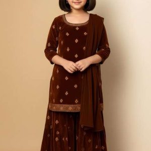 girls maroon embroidered velvet kurta set