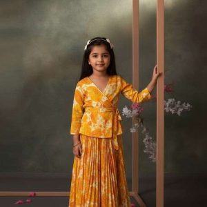 girls yellow floral print satin georgette fusion set