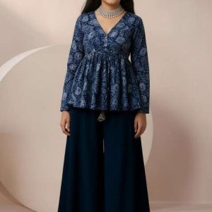 girls navy blue abstract print satin fusion set