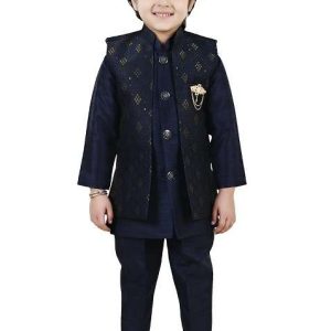 blue jacquard silk sherwani set for boys
