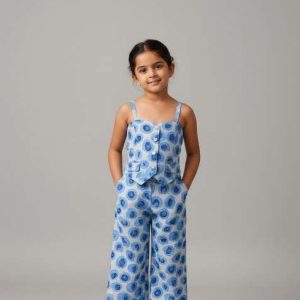 girls blue abstract print organza fusion set