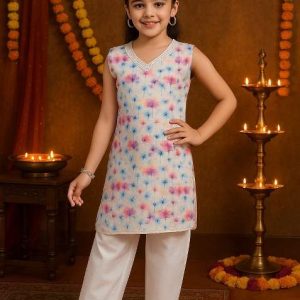 blue pink printed cotton kurta set for girls