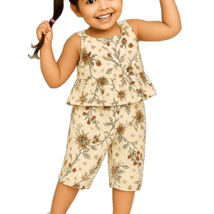 beige printed cotton kurta set for girls