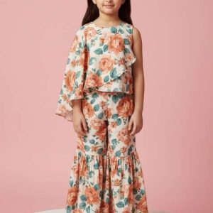 girls cream floral print kurta set