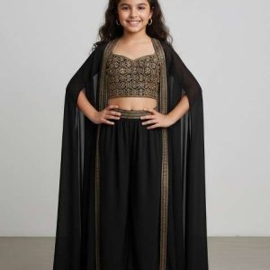 girls green embroidered georgette fusion set
