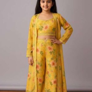 girls yellow floral print organza fusion set