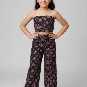 girls black and blue floral print organza fusion set